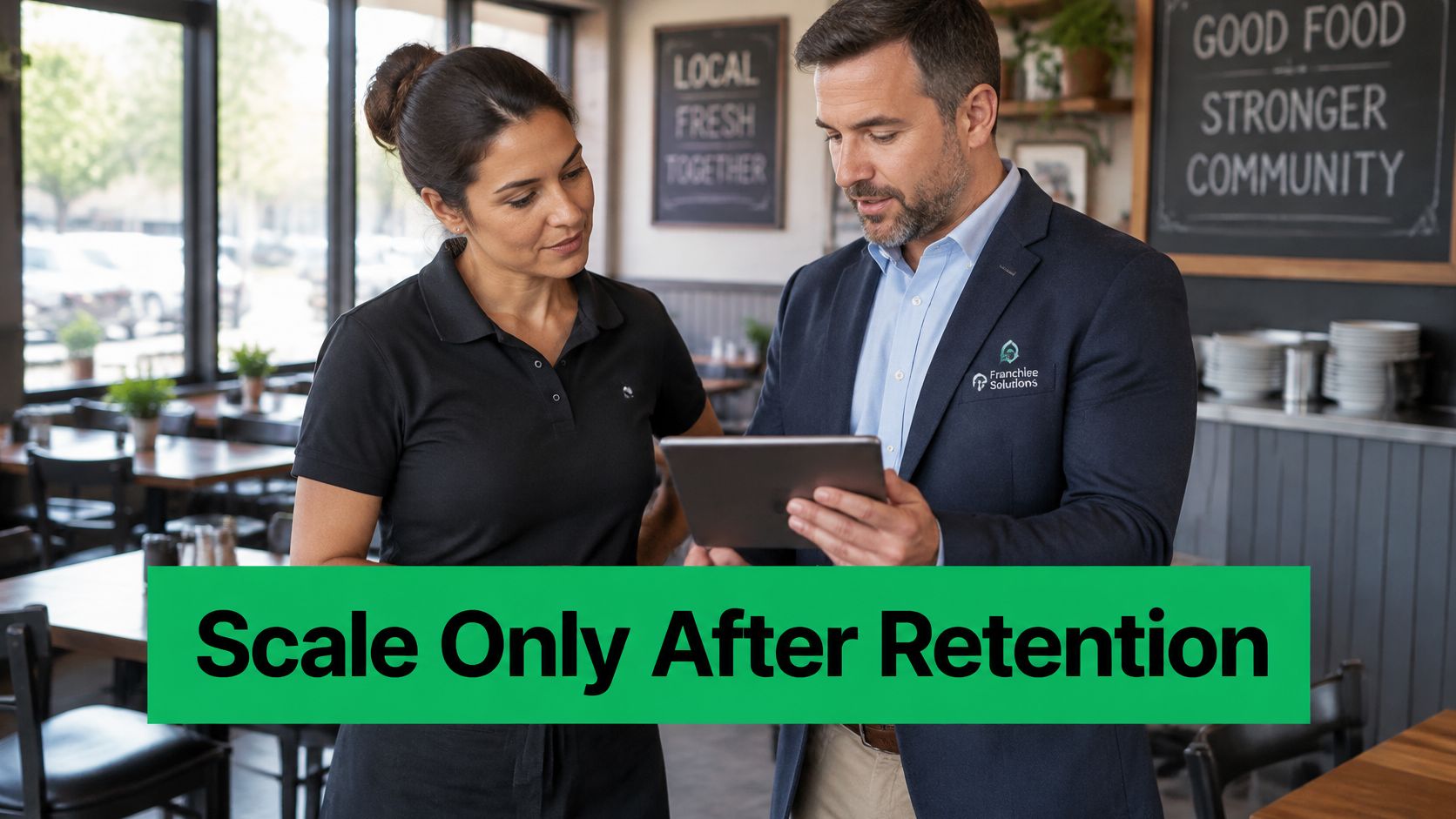 A business consultant reviewing data on a tablet with a restaurant manager in a professional cafe setting.
