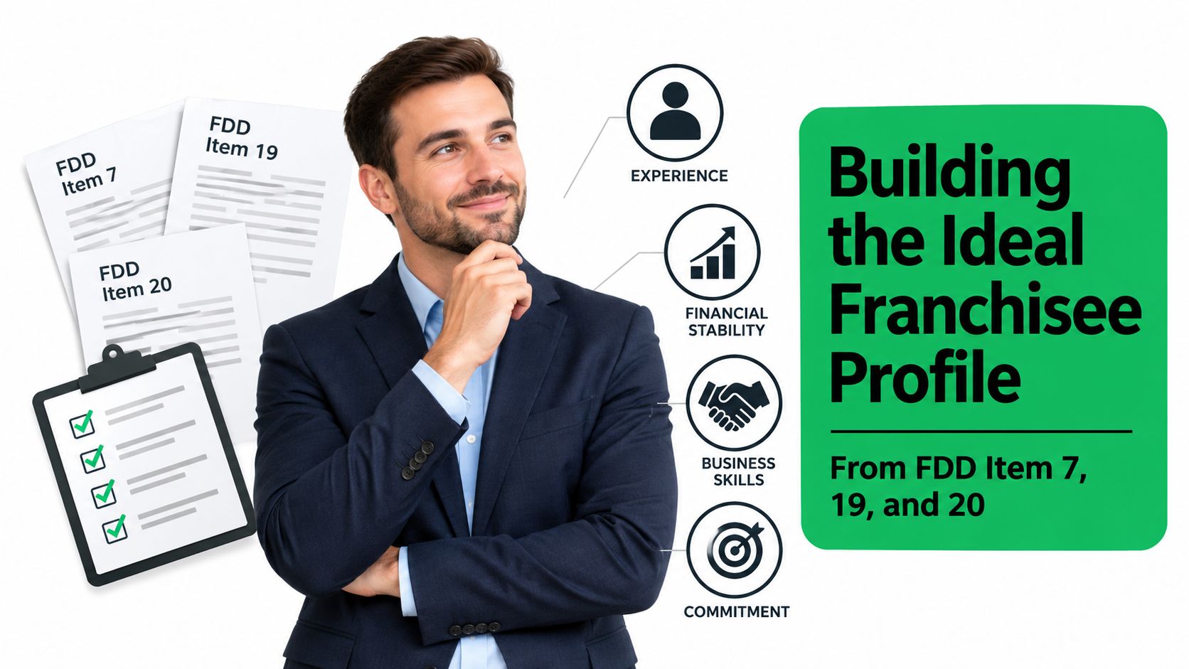 A professional man thinking about franchise criteria based on FDD items 7, 19, and 20 documentation.