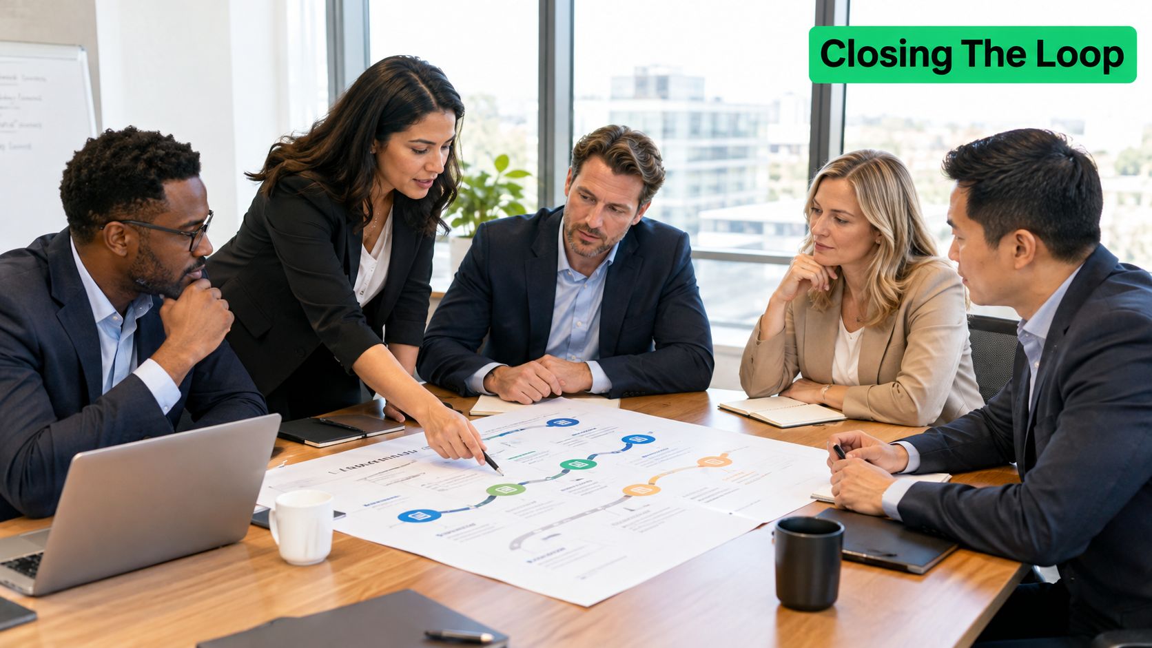 A professional team of business people having a collaborative meeting while discussing a strategy flowchart in an office.