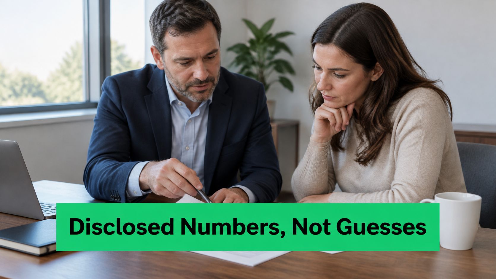 A professional man and woman discussing financial paperwork together at a desk in an office setting.