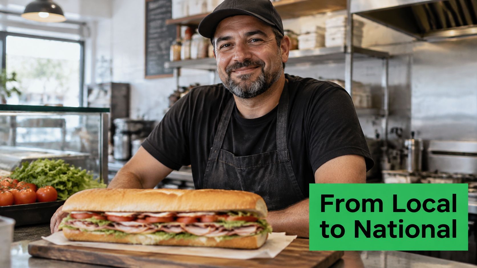 A smiling sandwich shop owner prepares a large, freshly made sub sandwich in his local kitchen.
