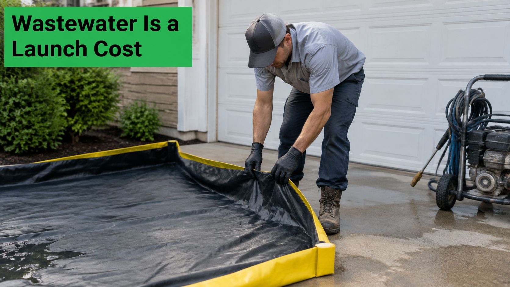 A professional technician setting up a portable spill containment berm for a power washing service job.
