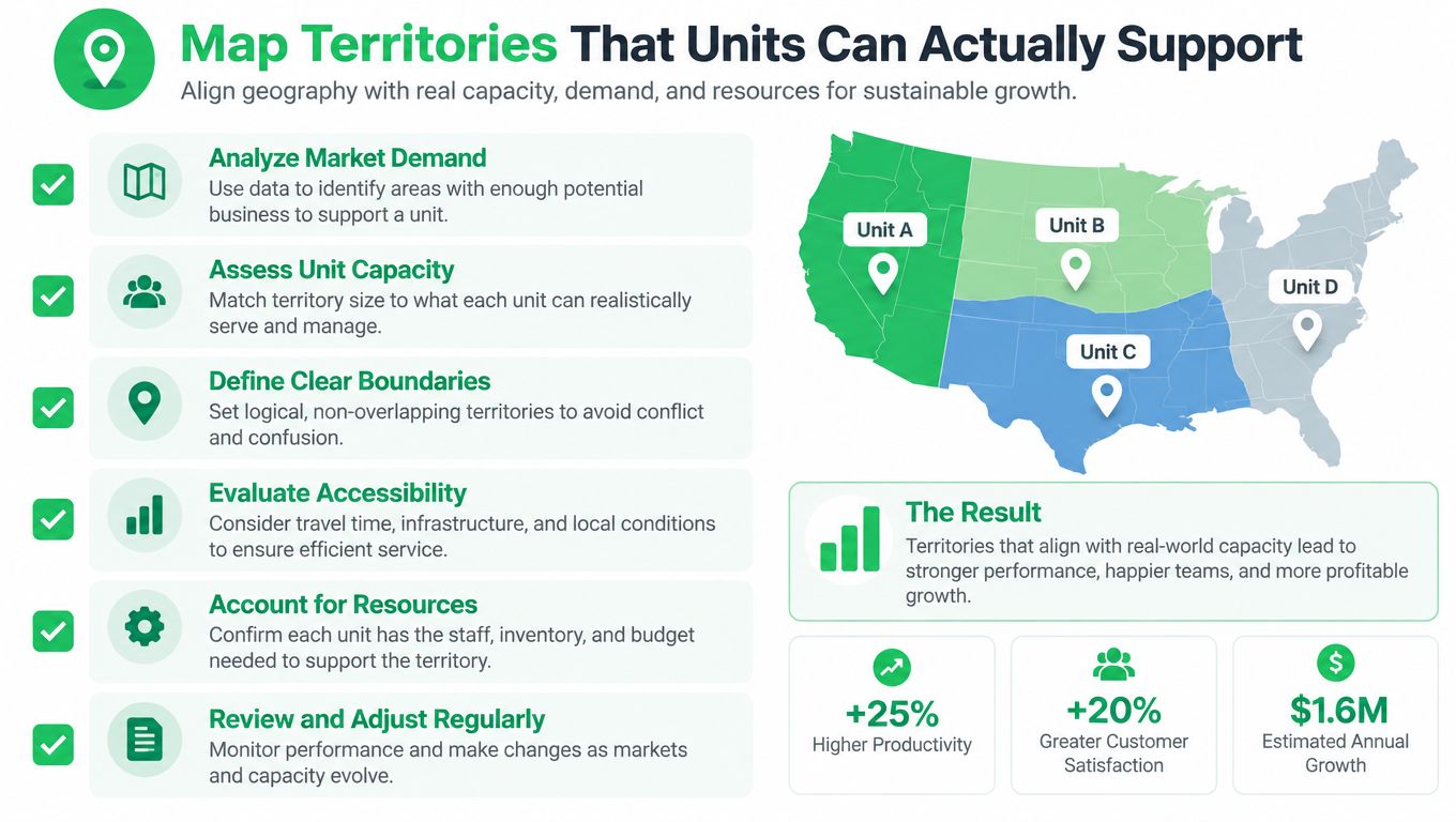 An infographic showing a six-step process for mapping franchise territories to align with unit capacity and growth.