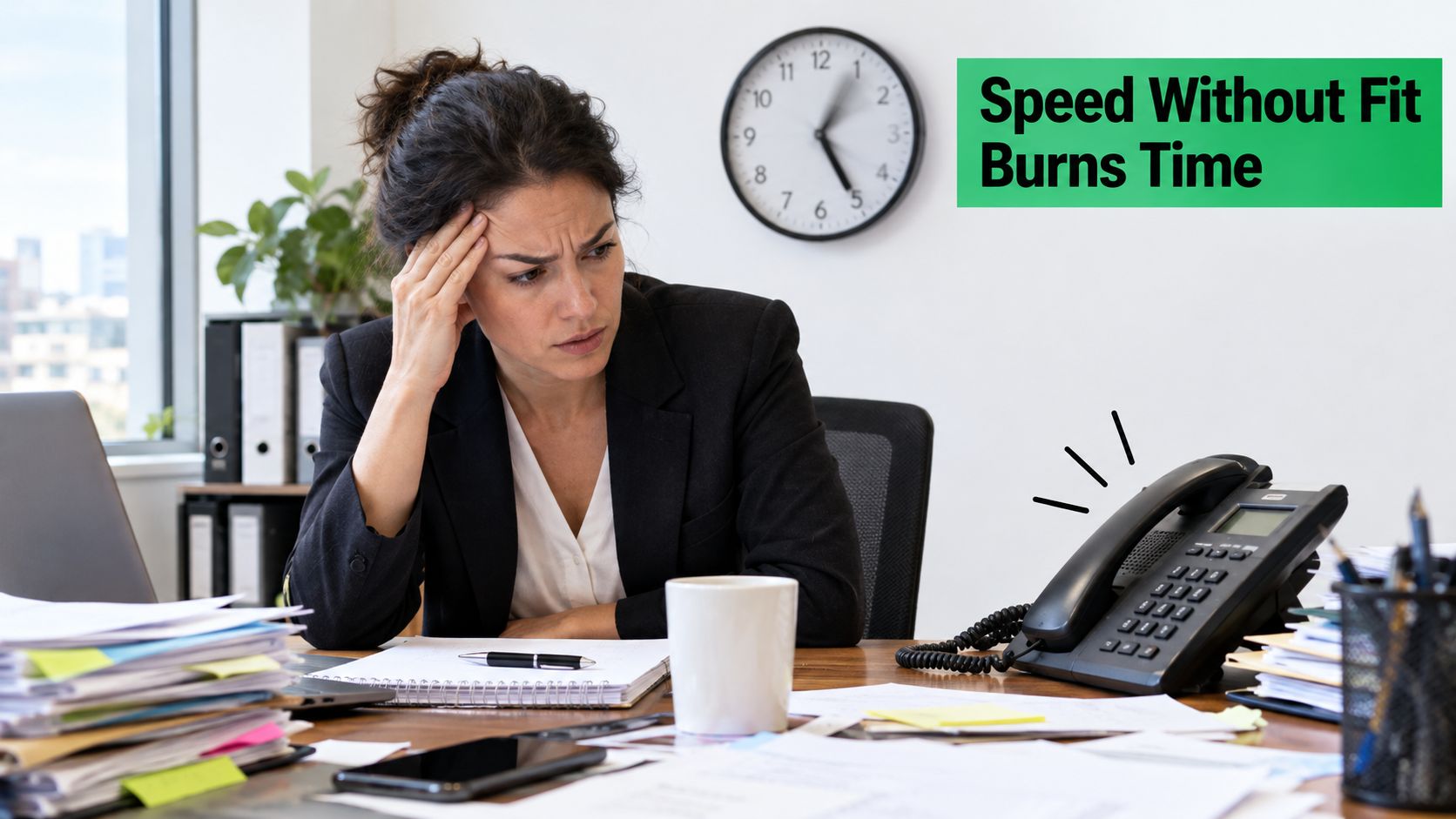 A stressed woman sitting at an office desk with a ringing telephone and piles of paperwork.