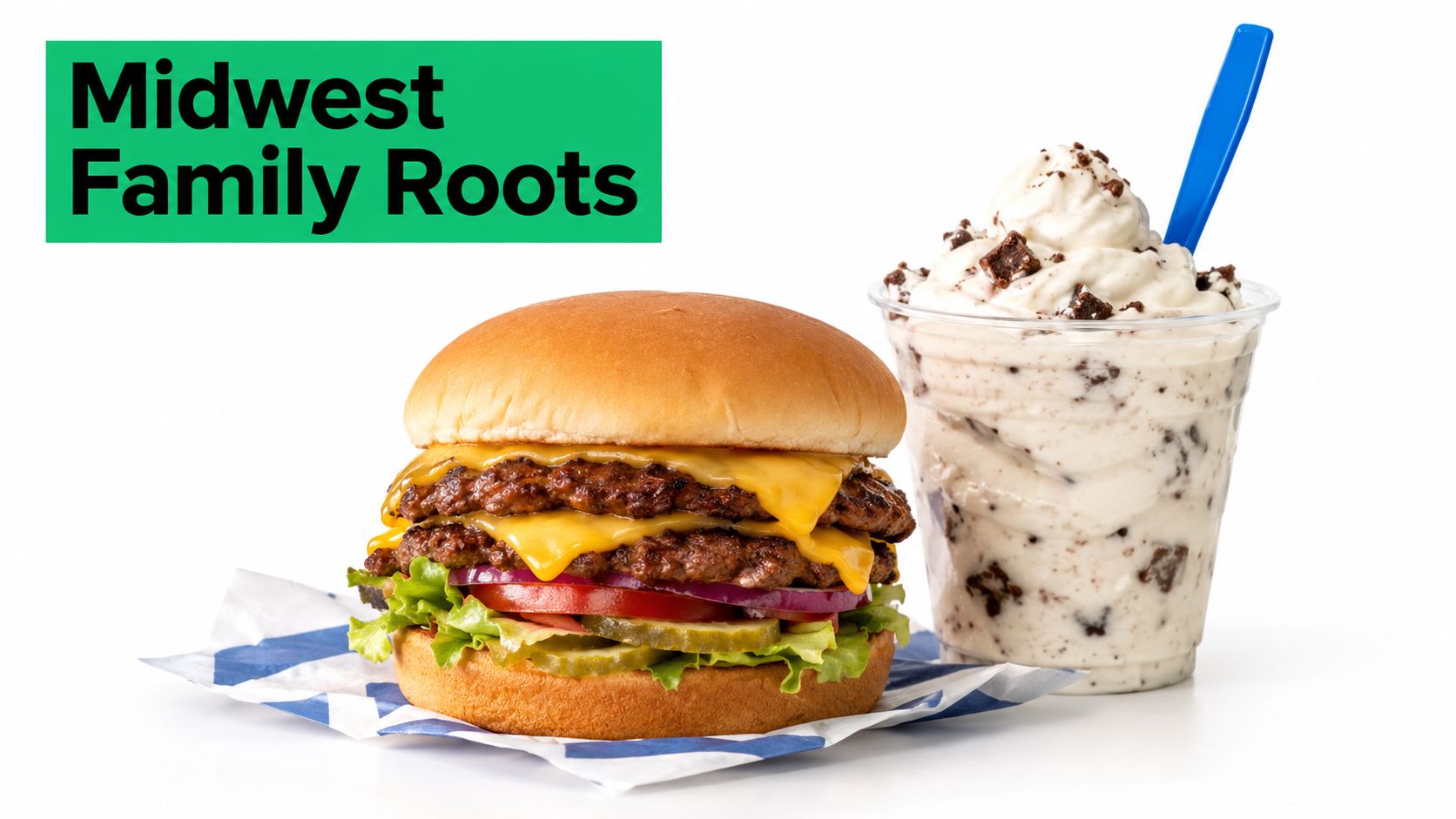 A double cheeseburger and a cookies and cream milkshake on a white background with text overlay.
