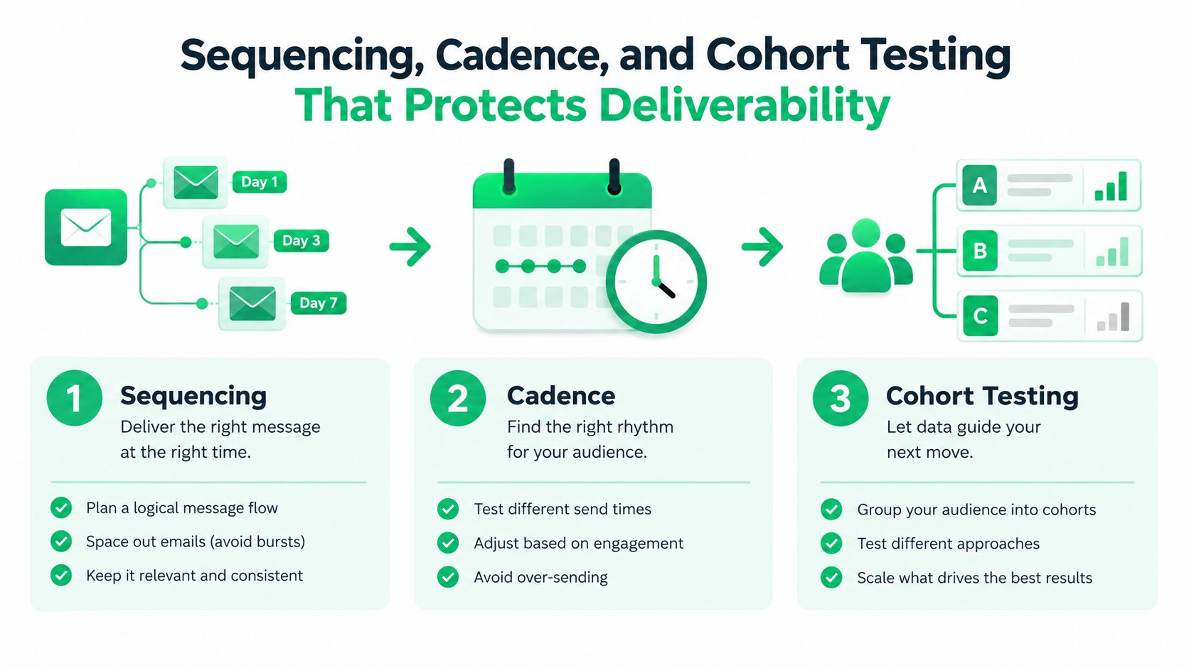 A diagram illustrating a three-step strategy for outbound lead generation: sequencing, cadence, and cohort testing for email deliverability.