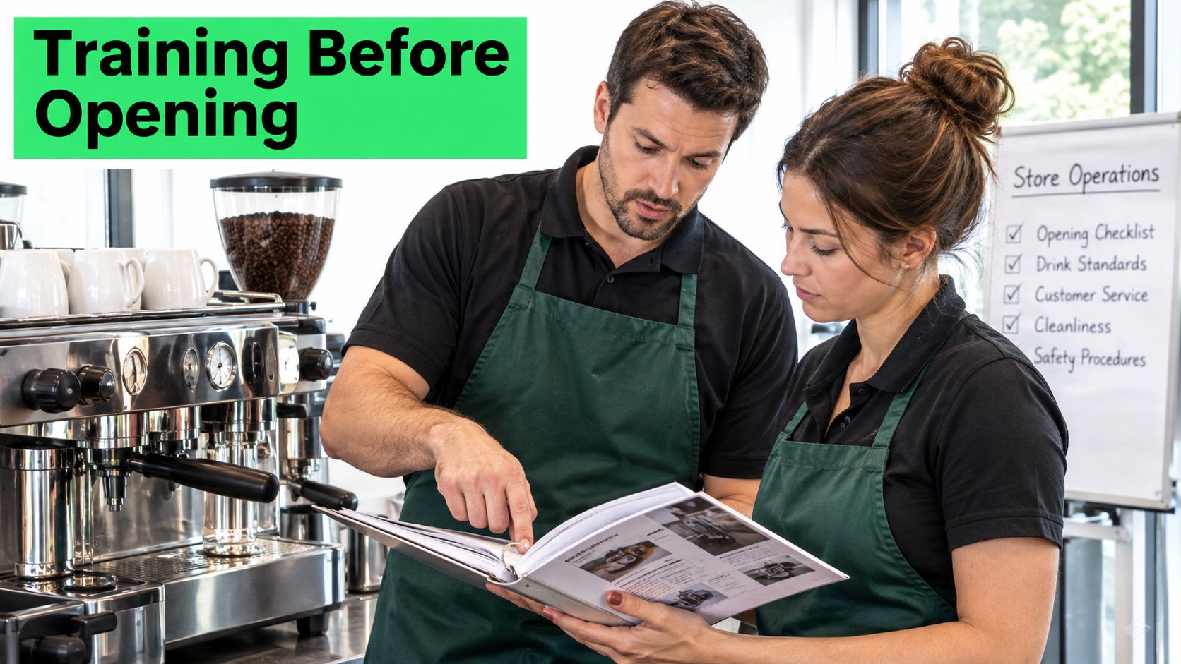 A man and woman wearing aprons reviewing a training manual together in a coffee shop setting.