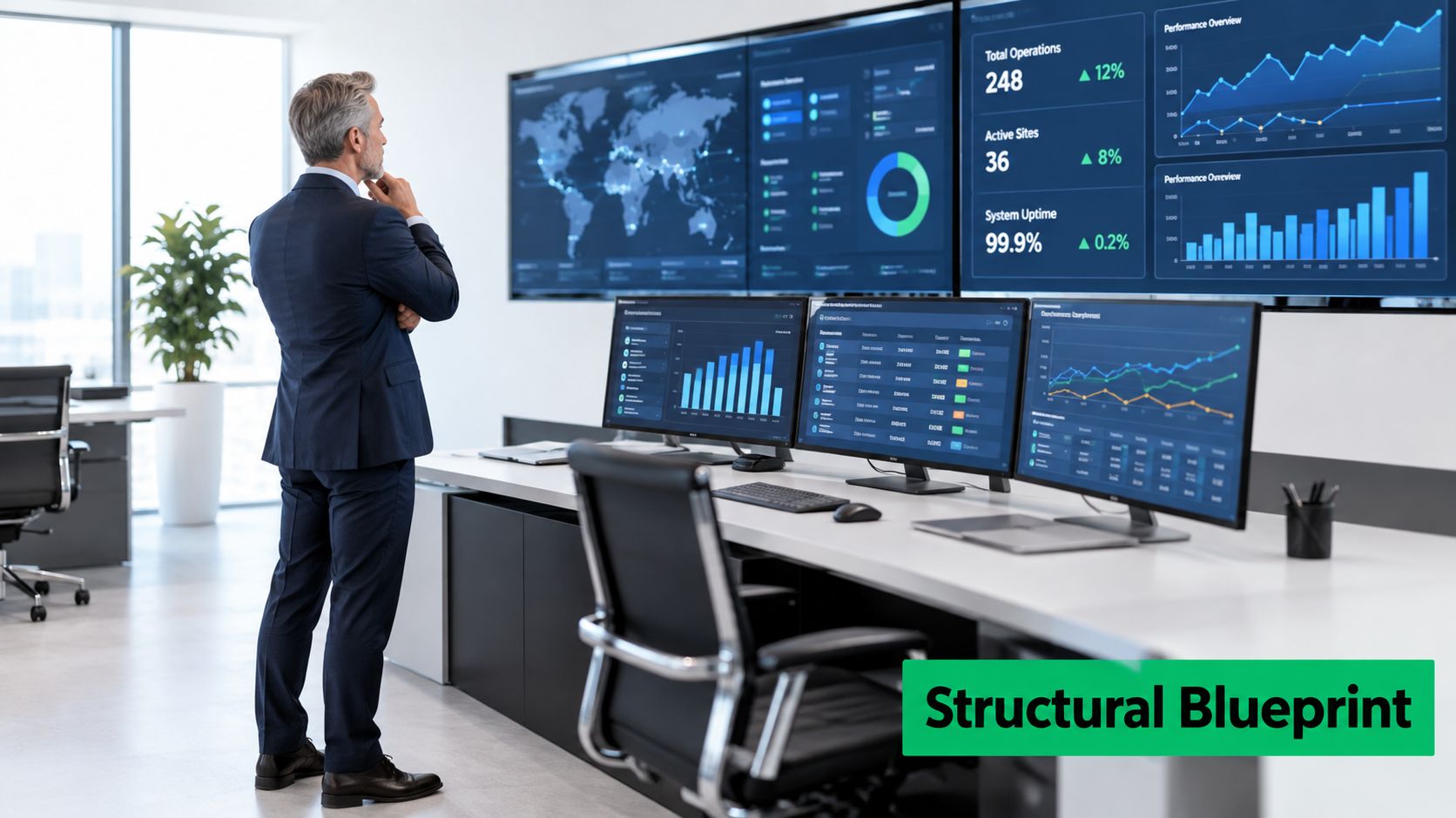A professional man in a business suit analyzing data dashboards and performance charts in an office.