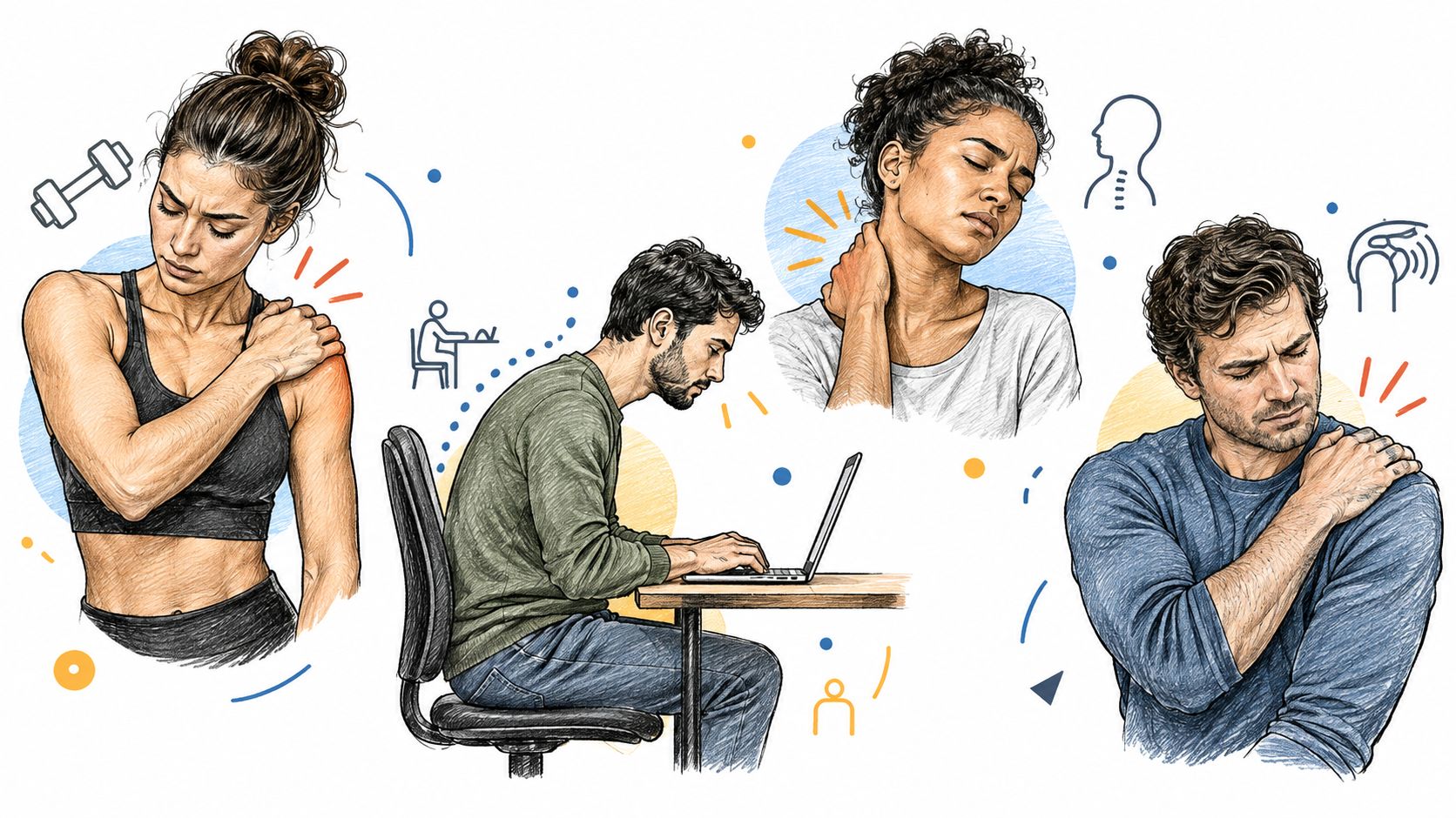 A collage of individuals experiencing shoulder and neck pain while exercising and working at a computer desk.