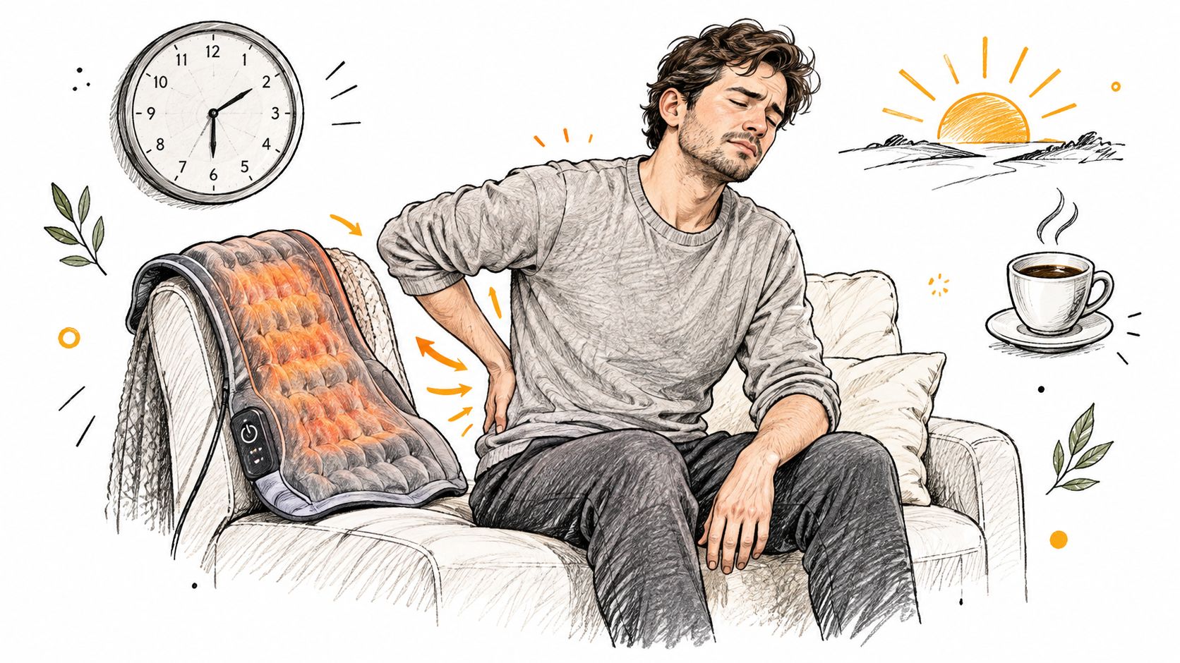 A man experiencing back pain while using a heated massage pad while sitting on a comfortable couch.