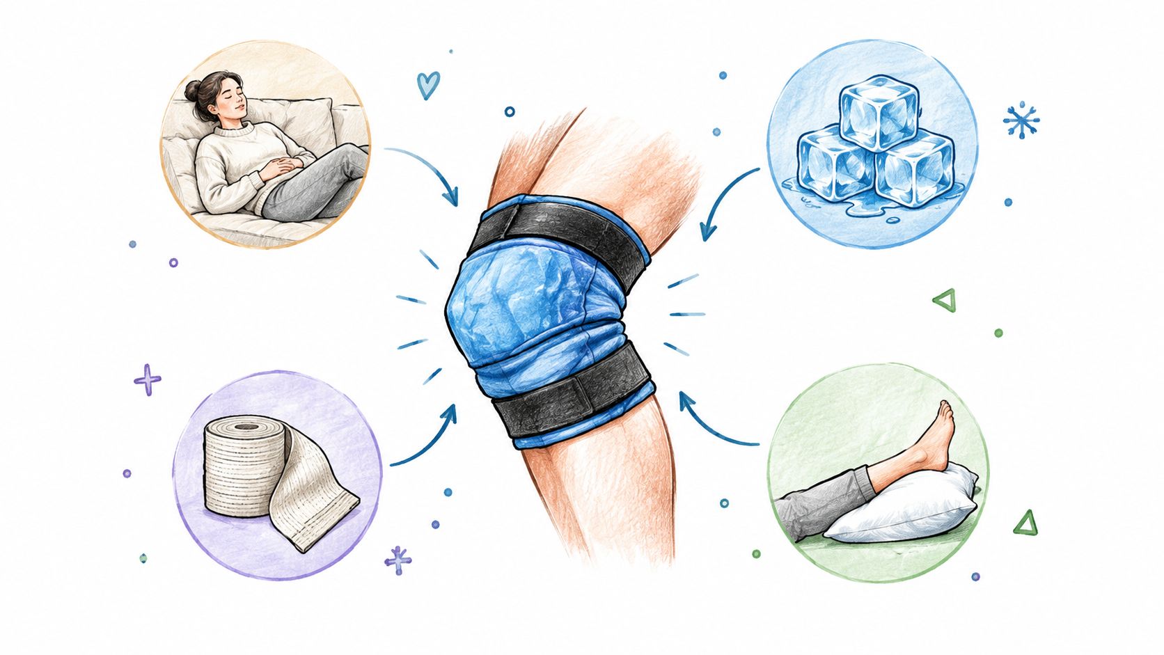 An illustration showing a knee with an ice pack surrounded by rest, compression, and elevation icons.
