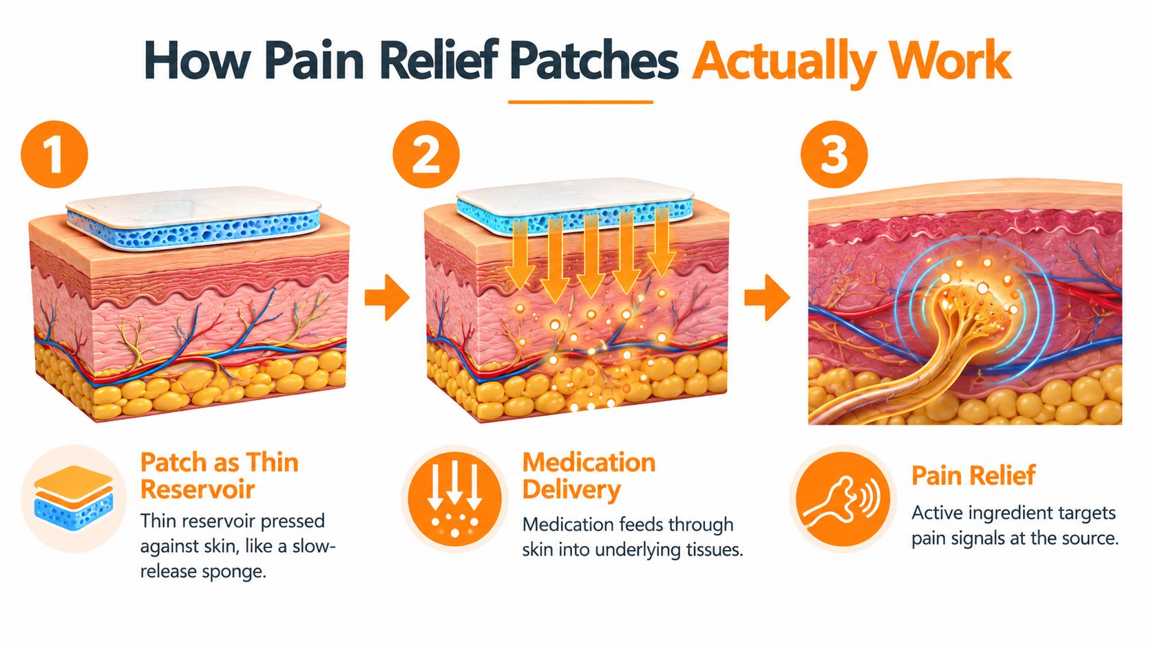 An infographic illustrating the three-step process of how medicinal pain relief patches deliver medication through the skin.