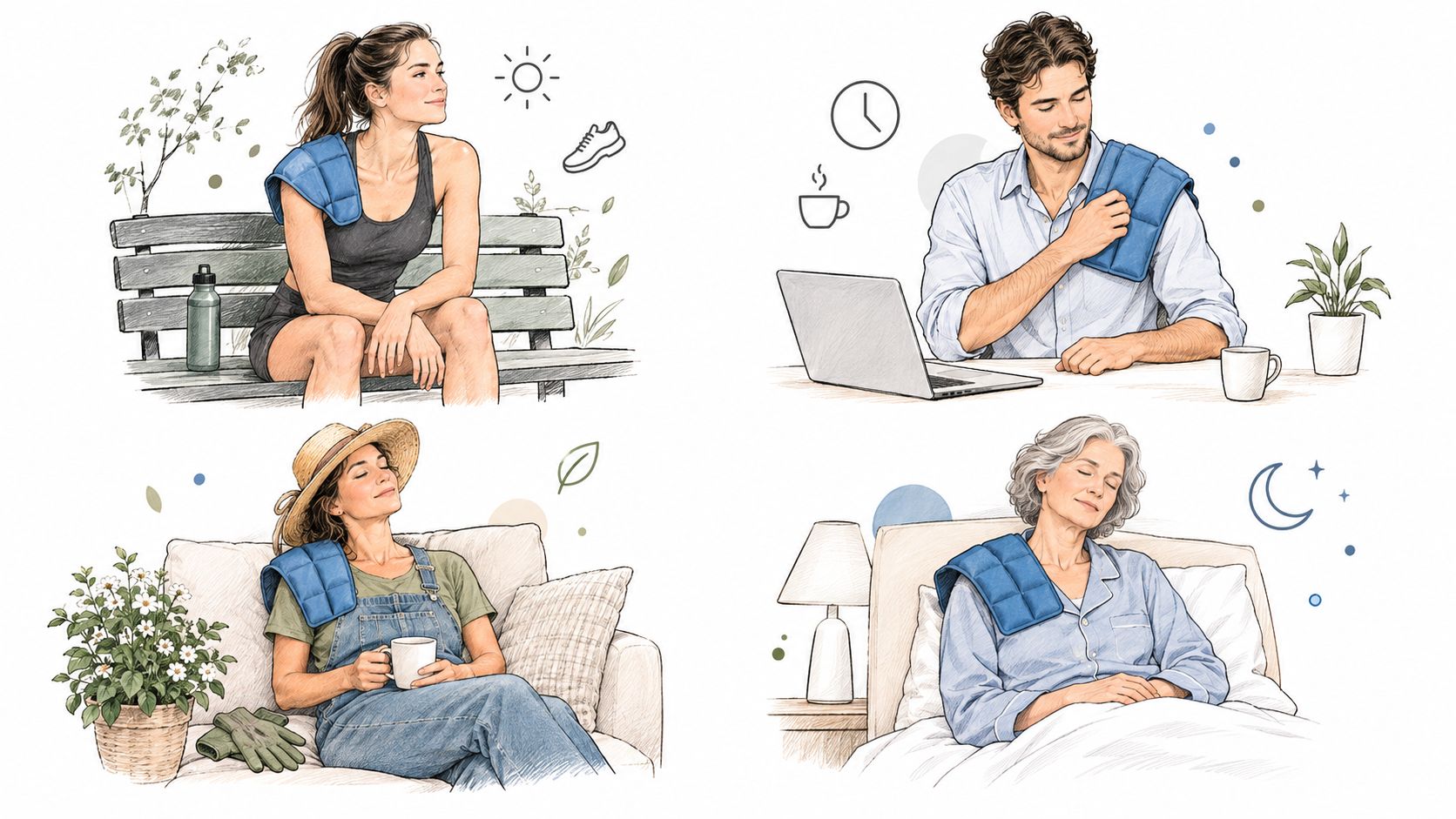 A collage showing different people using a blue reusable shoulder ice pack in various daily activities.