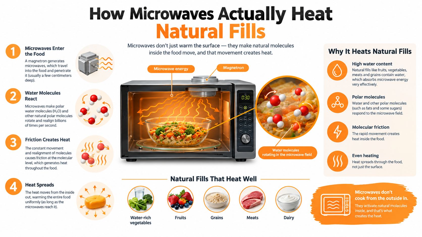 An infographic explaining how microwave ovens use electromagnetic waves to heat water molecules inside food effectively.