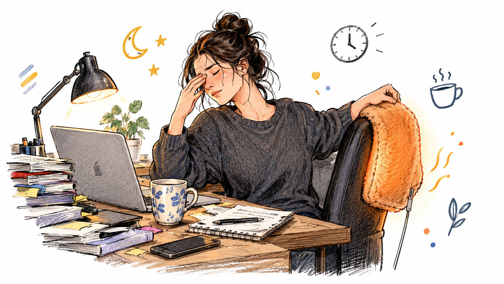 A tired woman working late at her desk with a heated microwave warming bag draped over her chair.