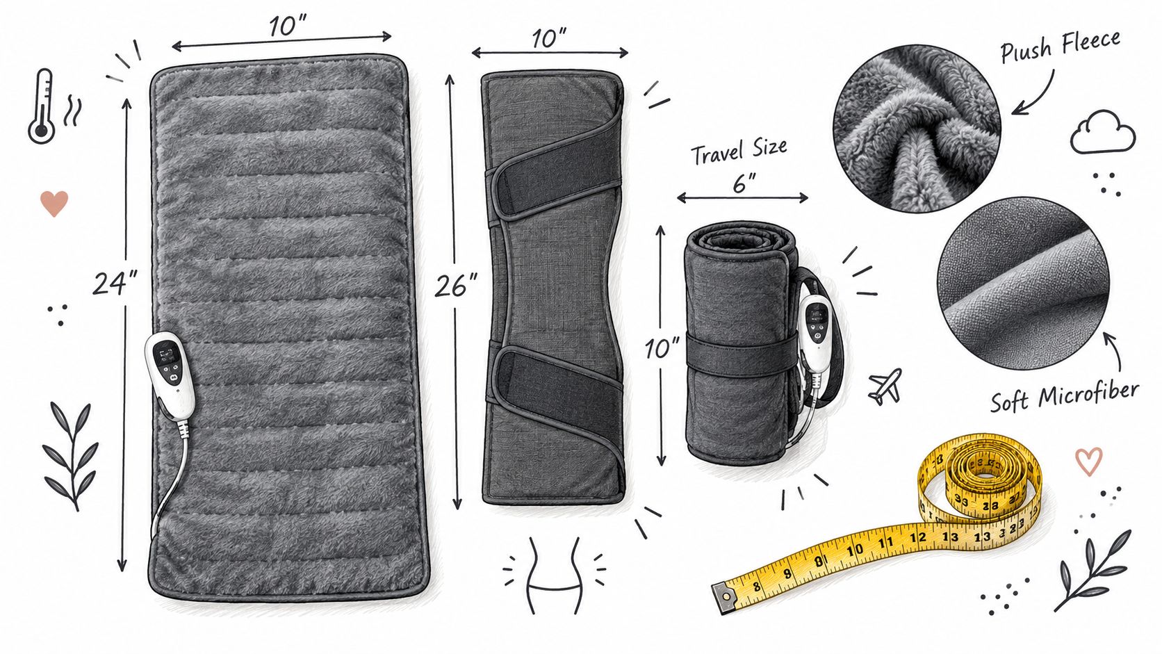 A diagram displaying the dimensions and materials of a grey electric back heating pad with a controller.