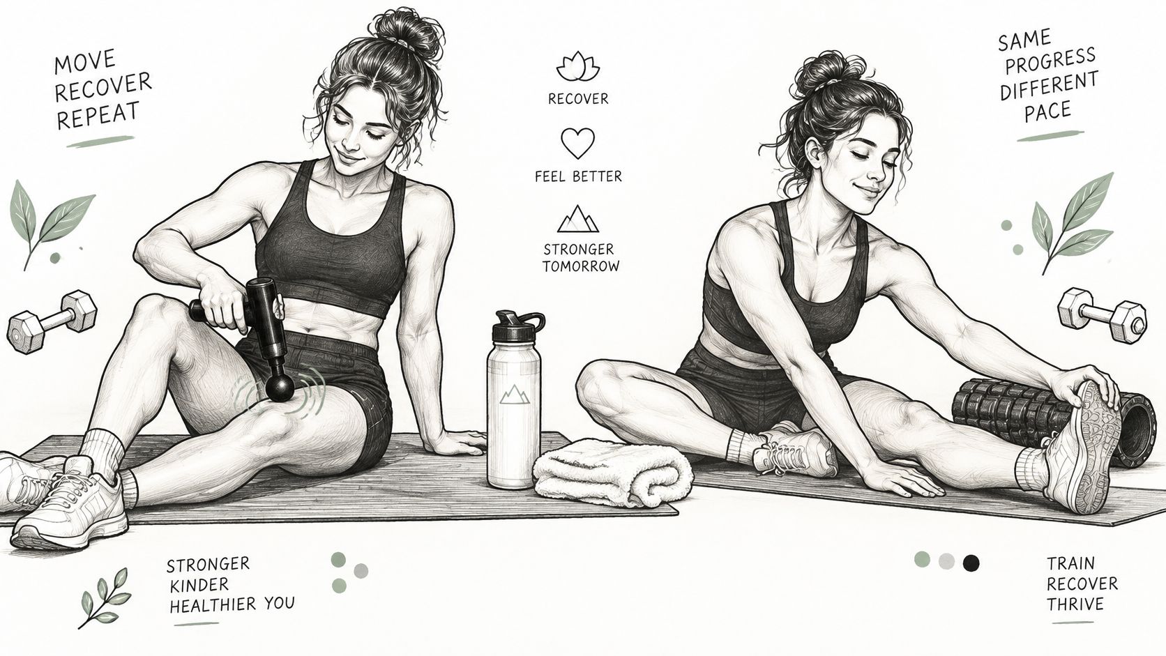 A woman using a massage gun and a foam roller for fitness recovery on a gym mat.
