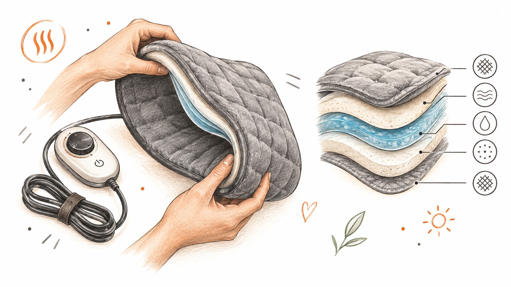 A close-up illustration showing a multi-layered electric heating pad with a control unit for back pain relief.
