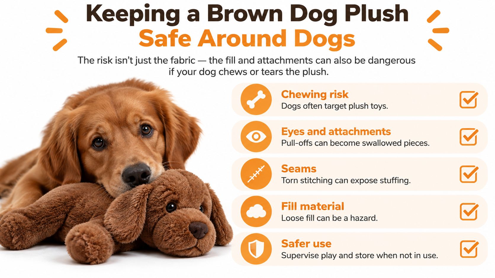 A golden retriever playing with a brown dog plush toy next to a list of safety tips.