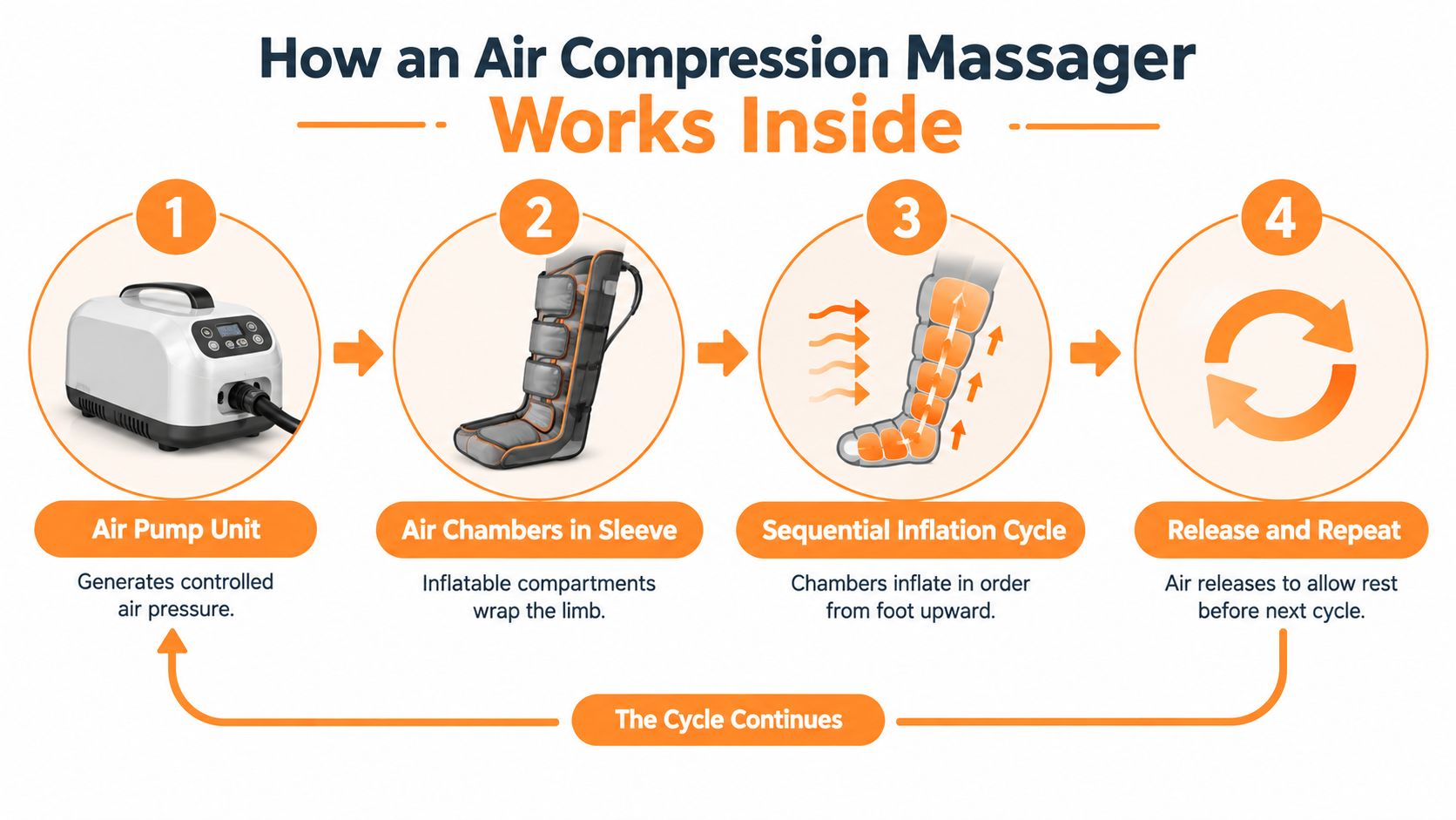 A diagram explaining how an air compression massager works using a four-step sequential inflation process.