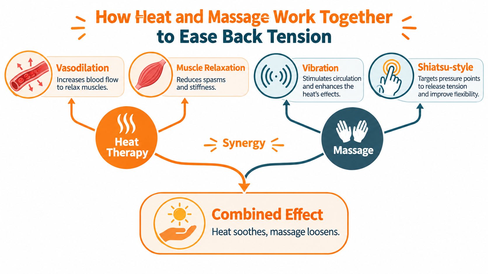 A diagram explaining how combining heat therapy and massage works together to effectively relieve back tension.