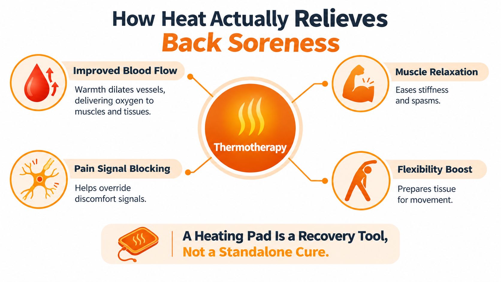 An infographic explaining how thermotherapy, such as a heating pad, helps relieve back soreness and pain.