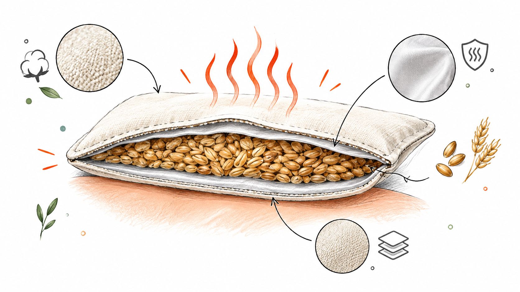 A close-up illustration of a grain-filled heating pillow with visible texture details and heat radiating from inside.