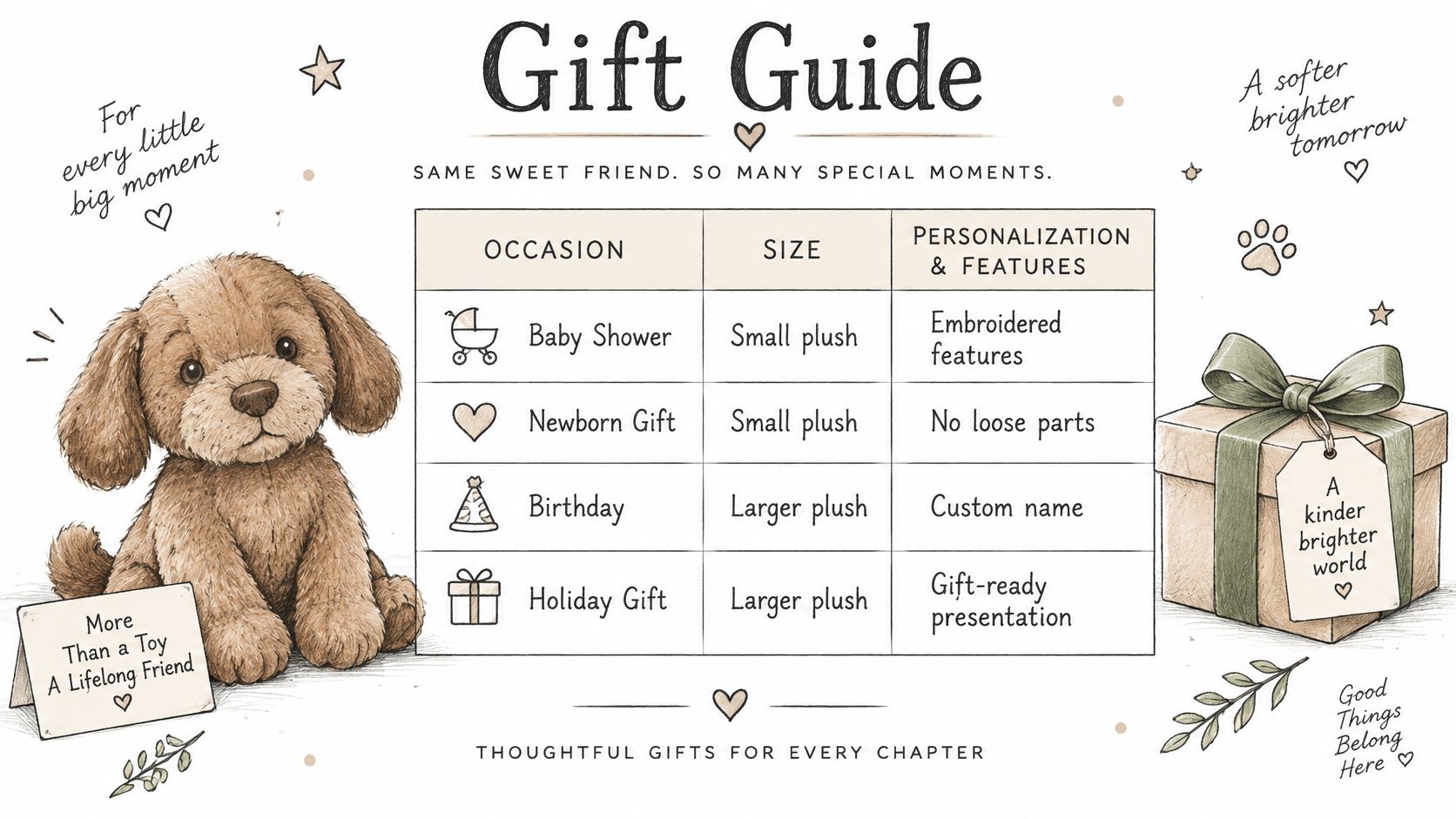 A gift guide chart for a brown dog plush toy, listing occasions, sizes, and personalized features for gift-givers.
