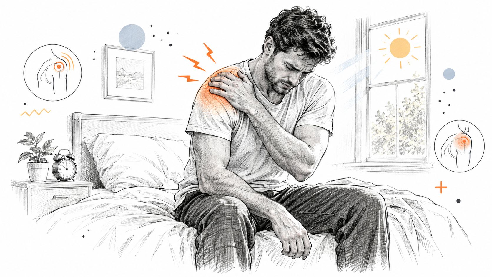 A man sitting on a bed holding his shoulder in pain, illustrated with medical indicators and light rays.