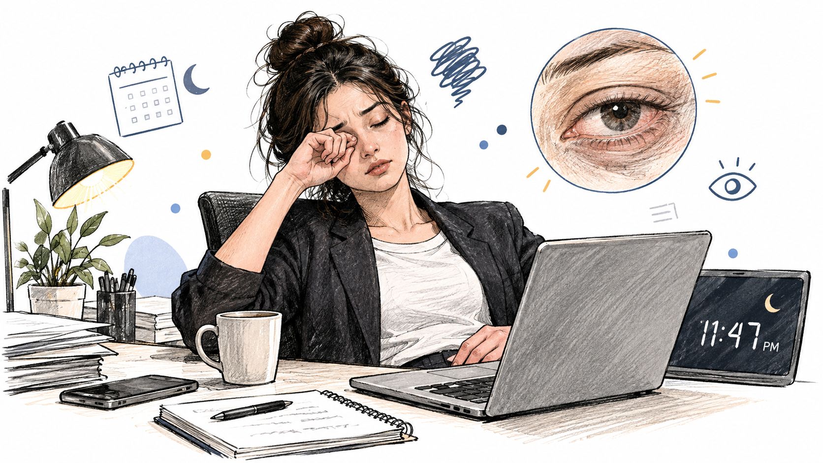 A tired woman working late at her desk with eye irritation, illustrating symptoms of eye health issues.