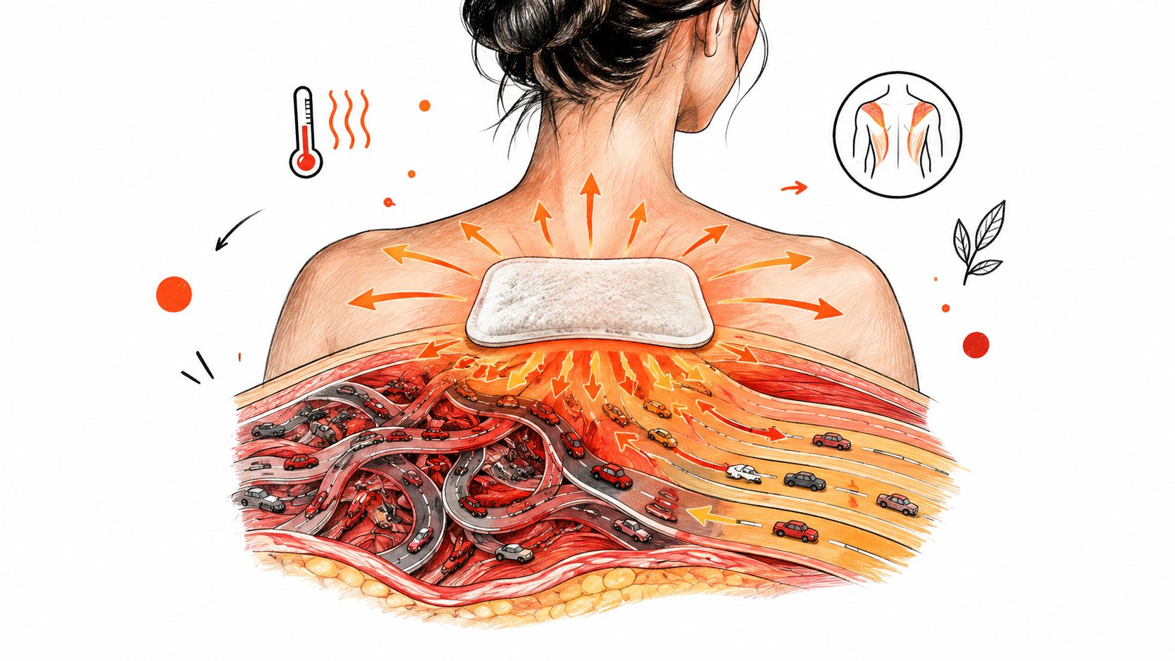 A conceptual illustration of a wearable heat wrap applied to a person's upper back for pain relief.