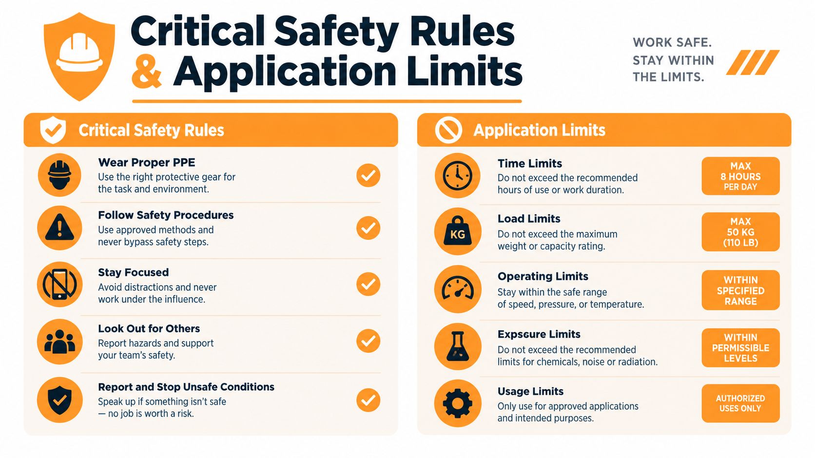 An infographic detailing essential safety protocols and application limits for a safe workplace environment.