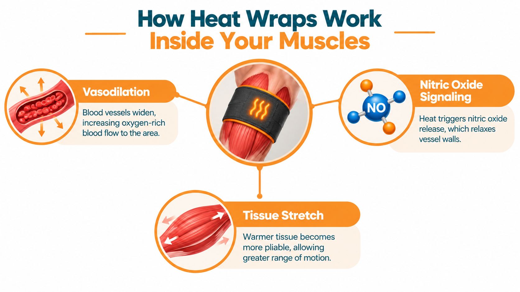 A diagram explaining how heat wraps improve muscle recovery through vasodilation, nitric oxide signaling, and tissue stretching.