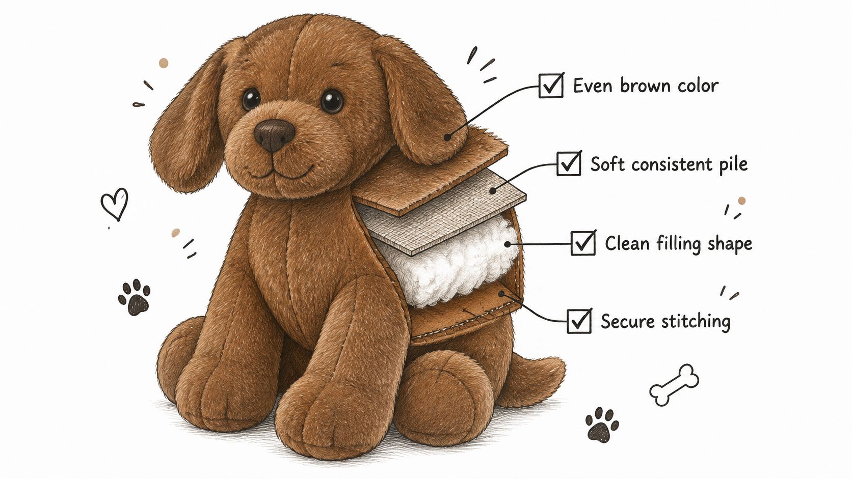 A diagram of a brown stuffed puppy toy with labels showing its quality material, filling, and stitching.