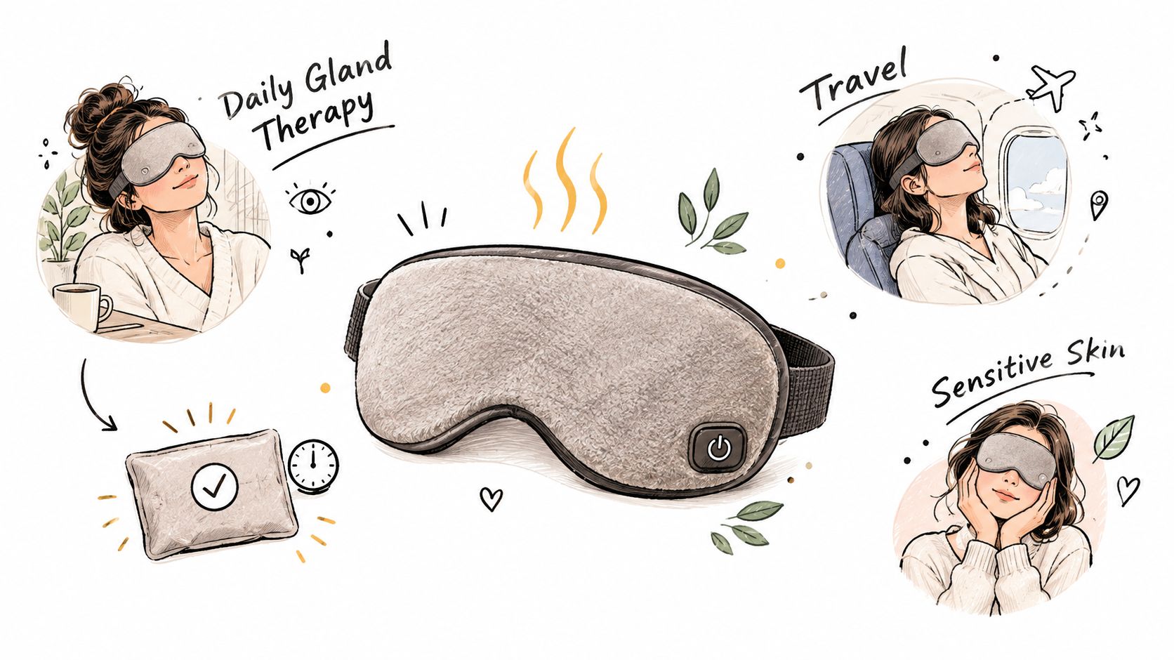 A diagram illustrating the use of a heated eye mask for daily therapy, travel, and sensitive skin.