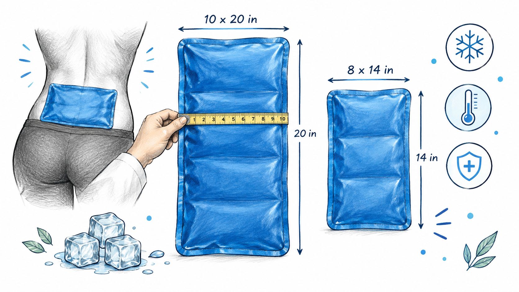 A hand measures large blue gel ice packs available in two sizes, 10x20 inches and 8x14 inches.