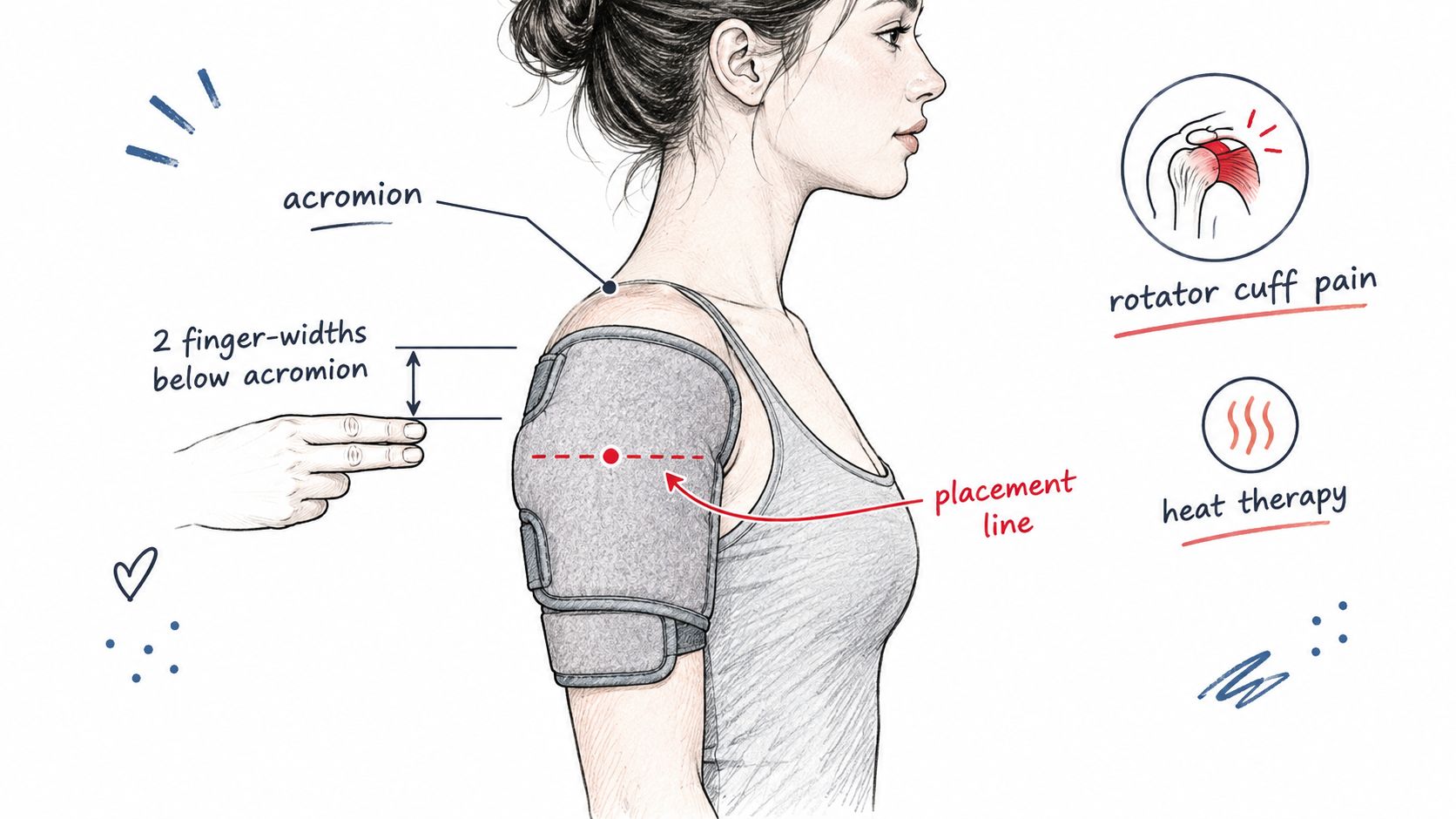 A diagram demonstrating how to correctly place a shoulder compression wrap two finger-widths below the acromion.
