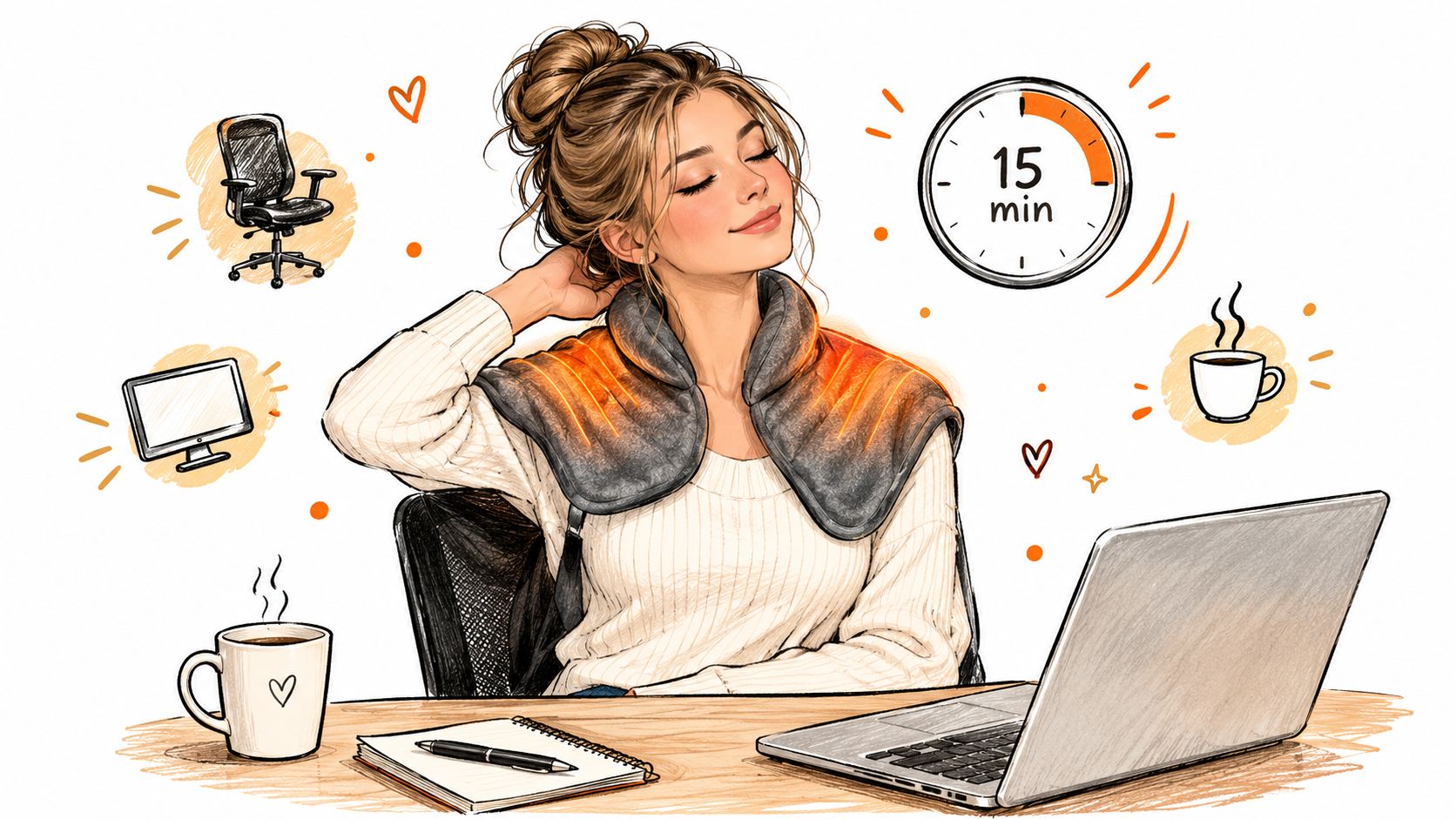 A woman using a heated shoulder wrap while working at her desk with a laptop and coffee.