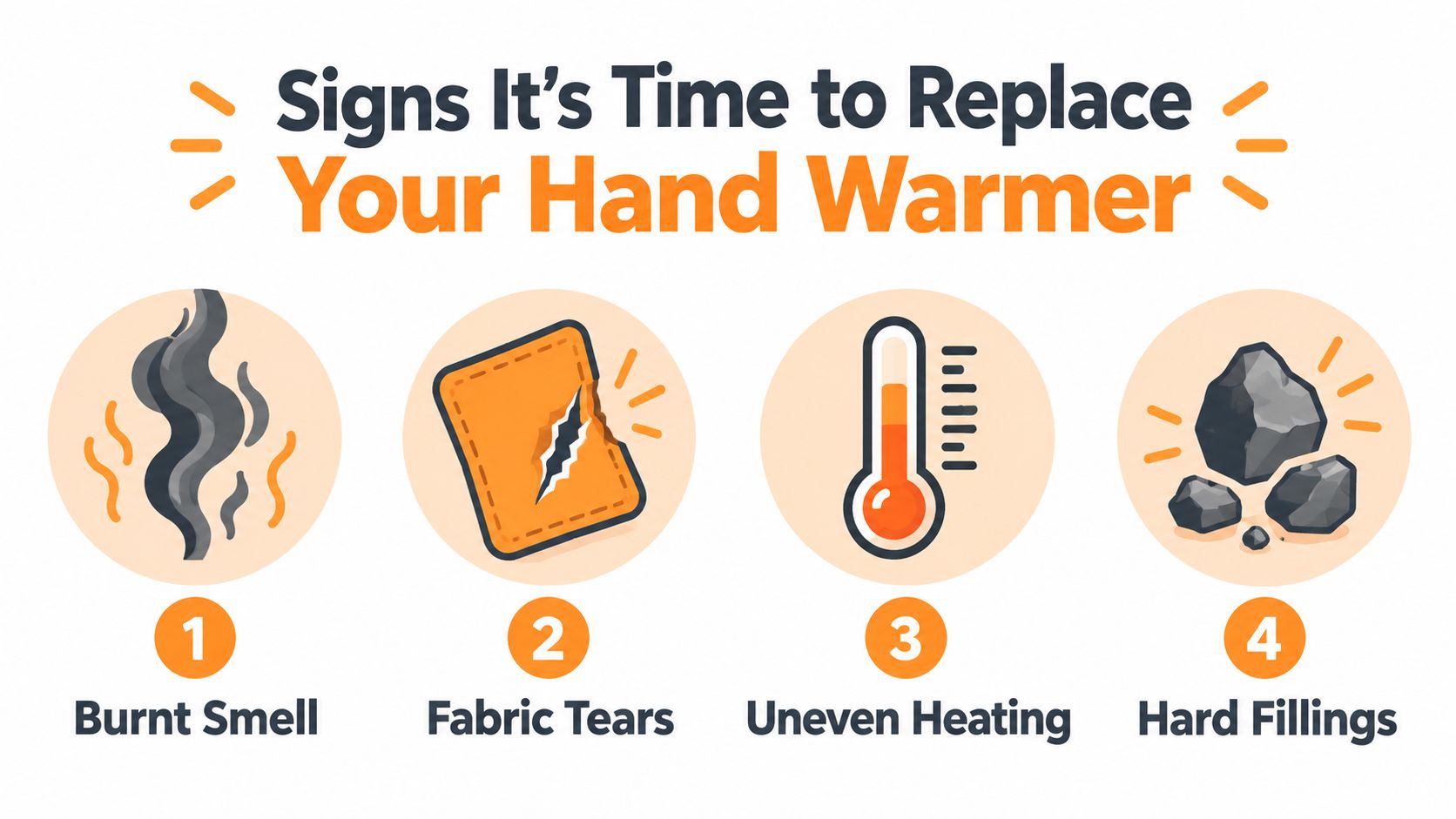 An infographic showing four common signs that indicate a microwavable hand warmer needs to be replaced.