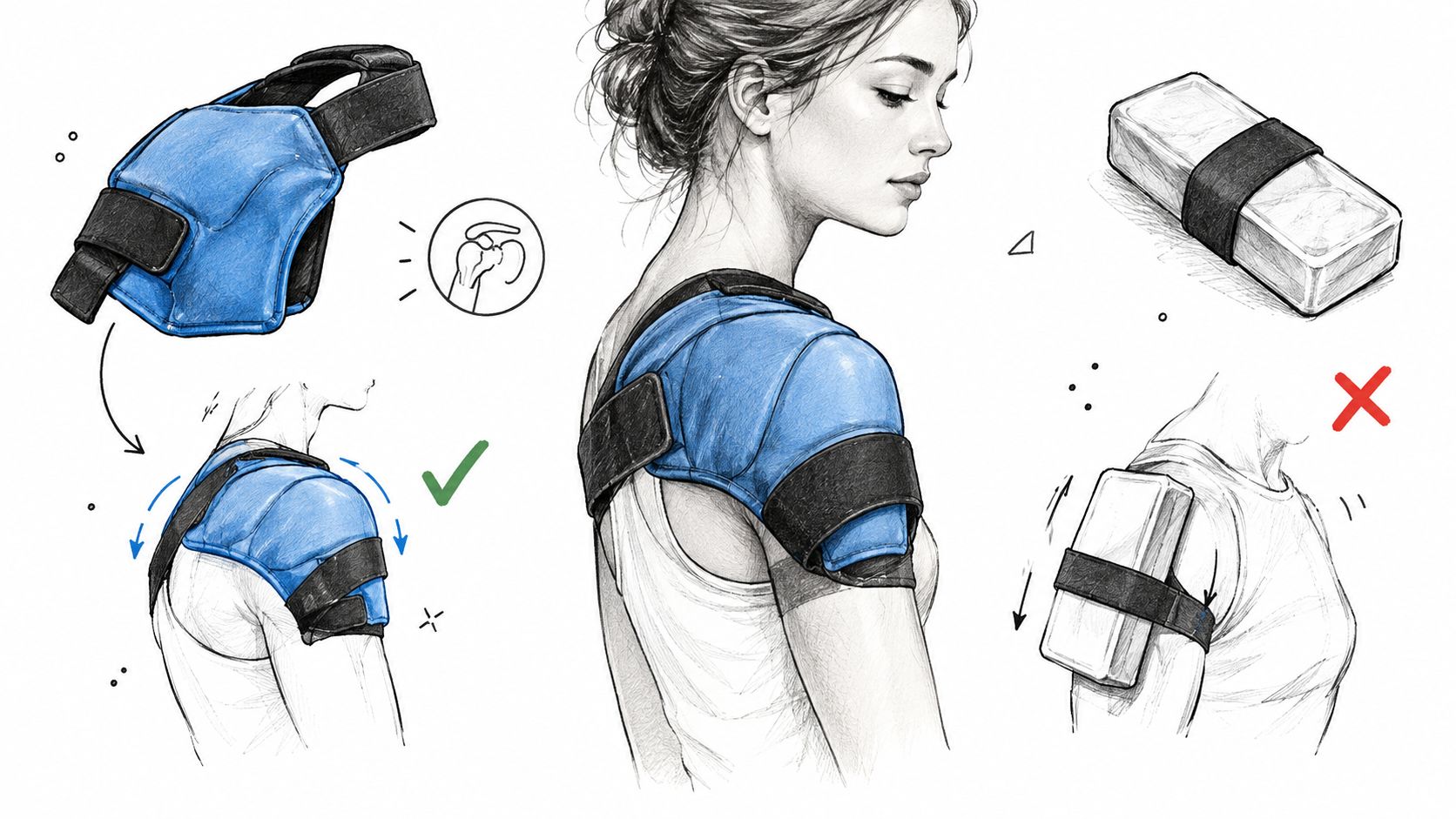 A diagram comparing the correct use of a blue ice pack for a shoulder versus an incorrect application.