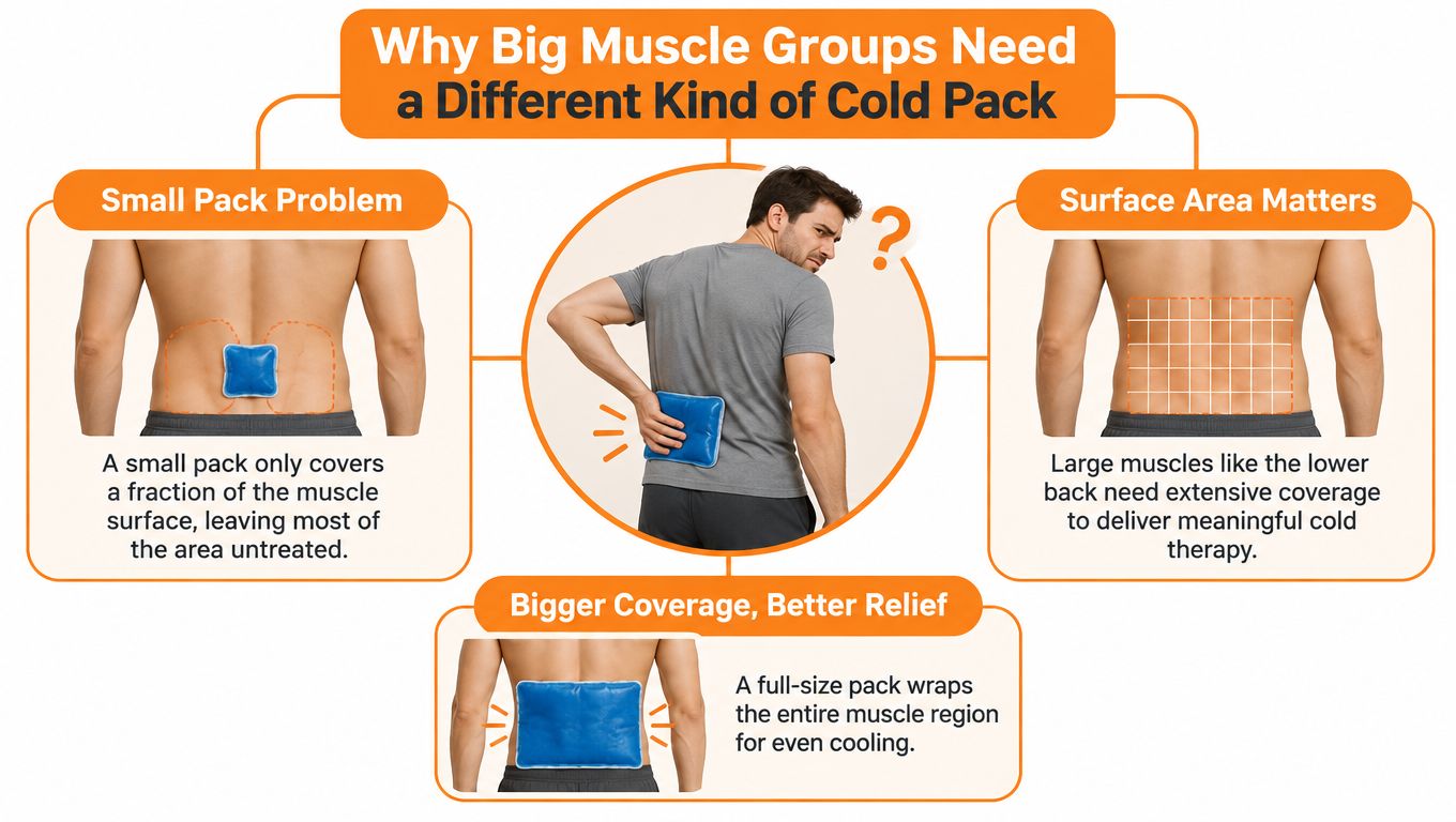 A diagram explaining why large gel ice packs provide better coverage for lower back pain relief.