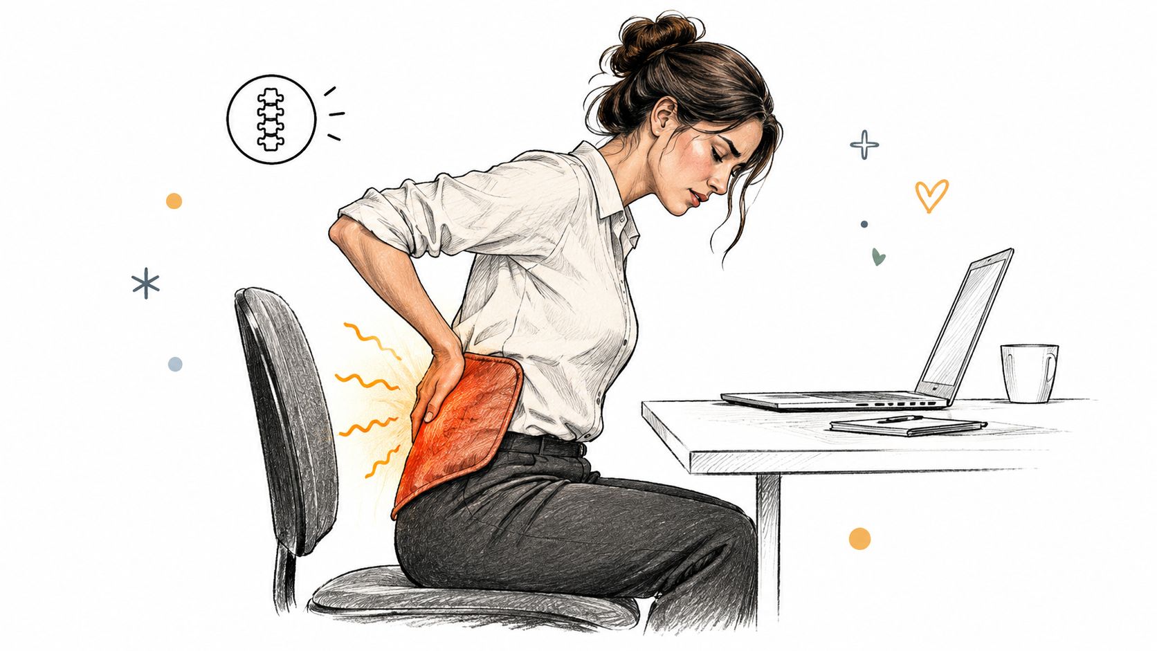 A woman working at a desk using a heating pad on her lower back to relieve pain.