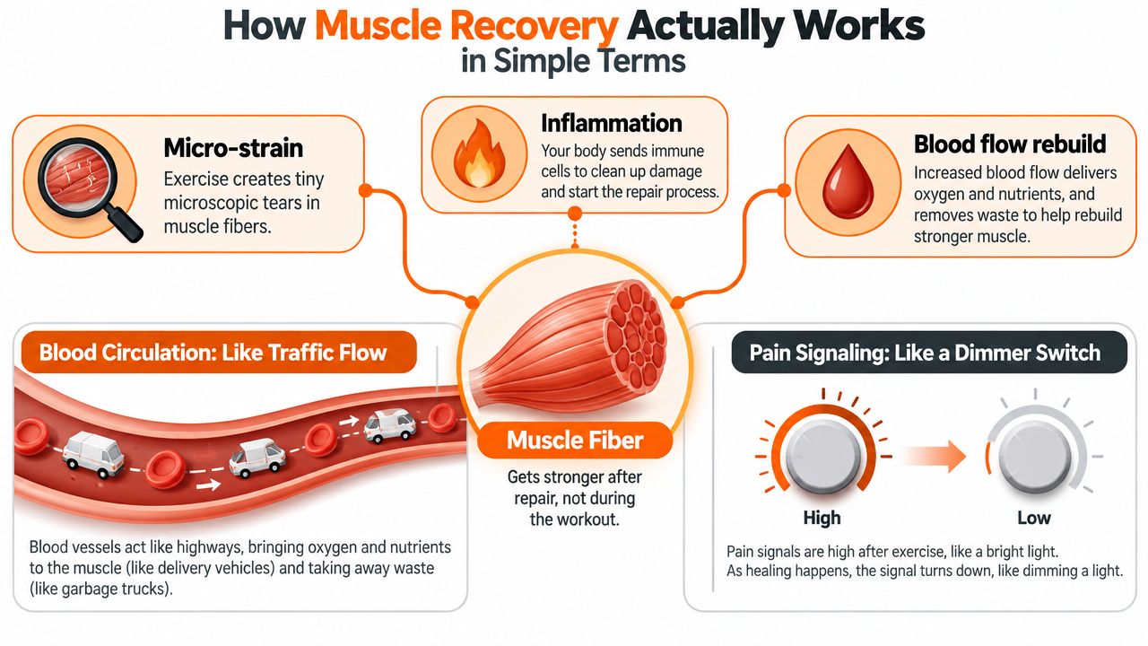 An infographic explaining the biological process of muscle recovery through micro-strain, inflammation, blood flow, and pain signaling.
