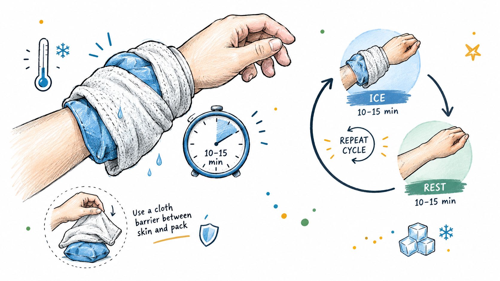 A diagram demonstrating the safe application of an ice pack to a sore wrist with instructions.