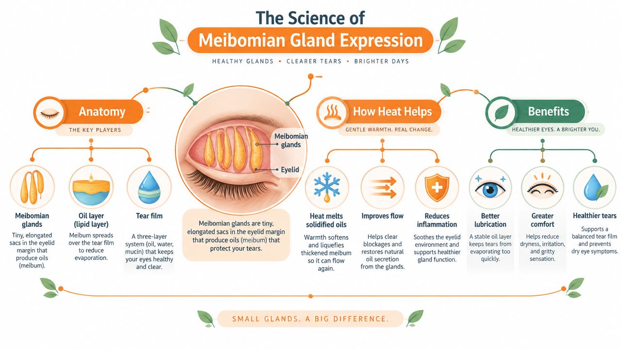 An educational infographic explaining the anatomy of Meibomian glands, the benefits of heat, and eye health.