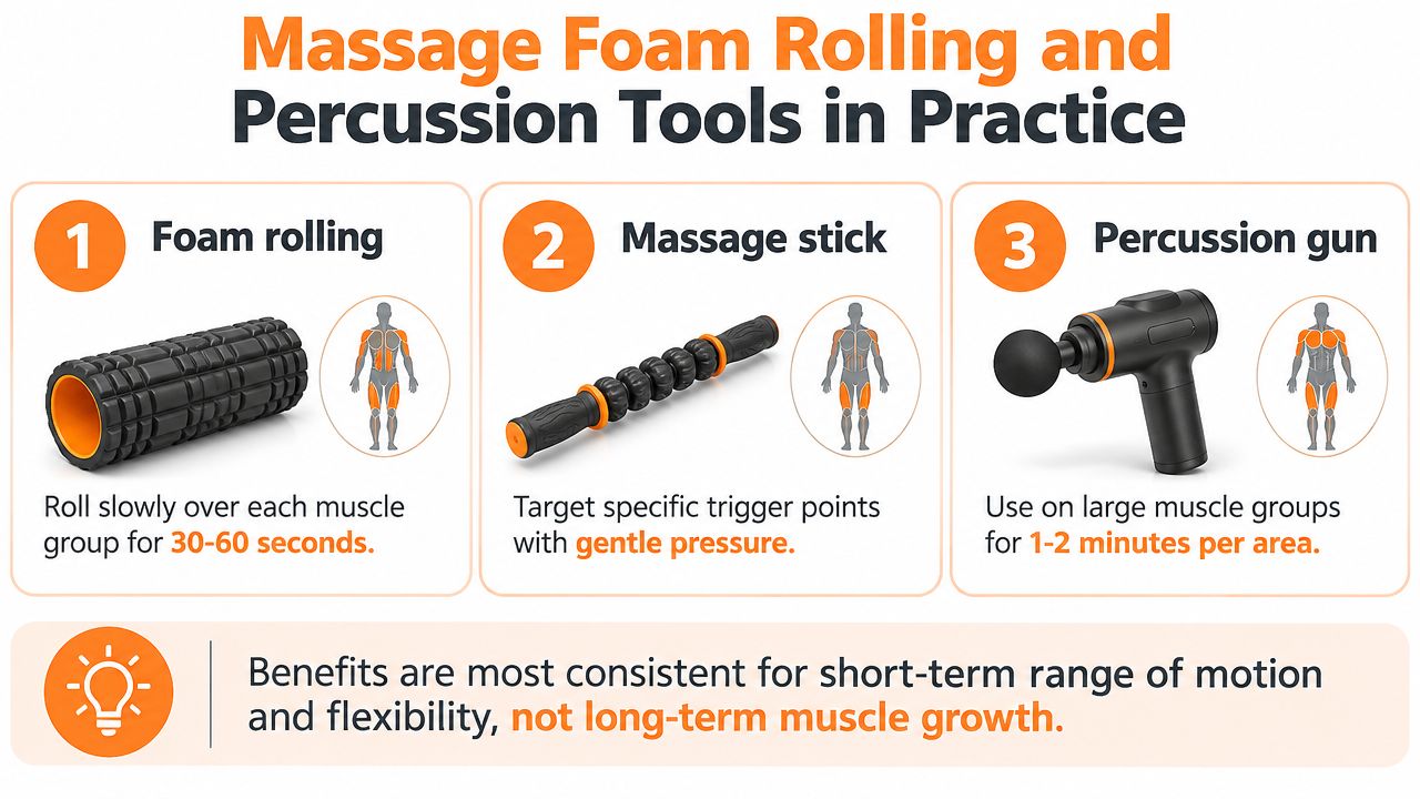 A graphic showing instructions for using foam rollers, massage sticks, and percussion guns for muscle recovery.