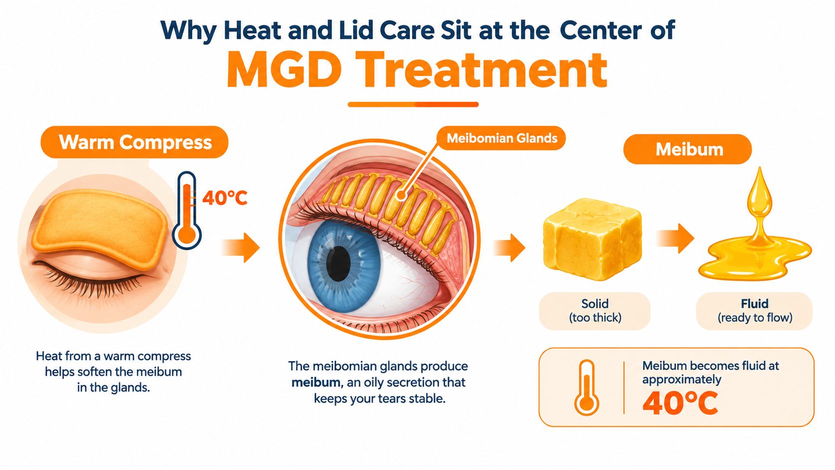 A diagram explaining how warm compresses treat meibomian gland dysfunction by melting solidified meibum into fluid.