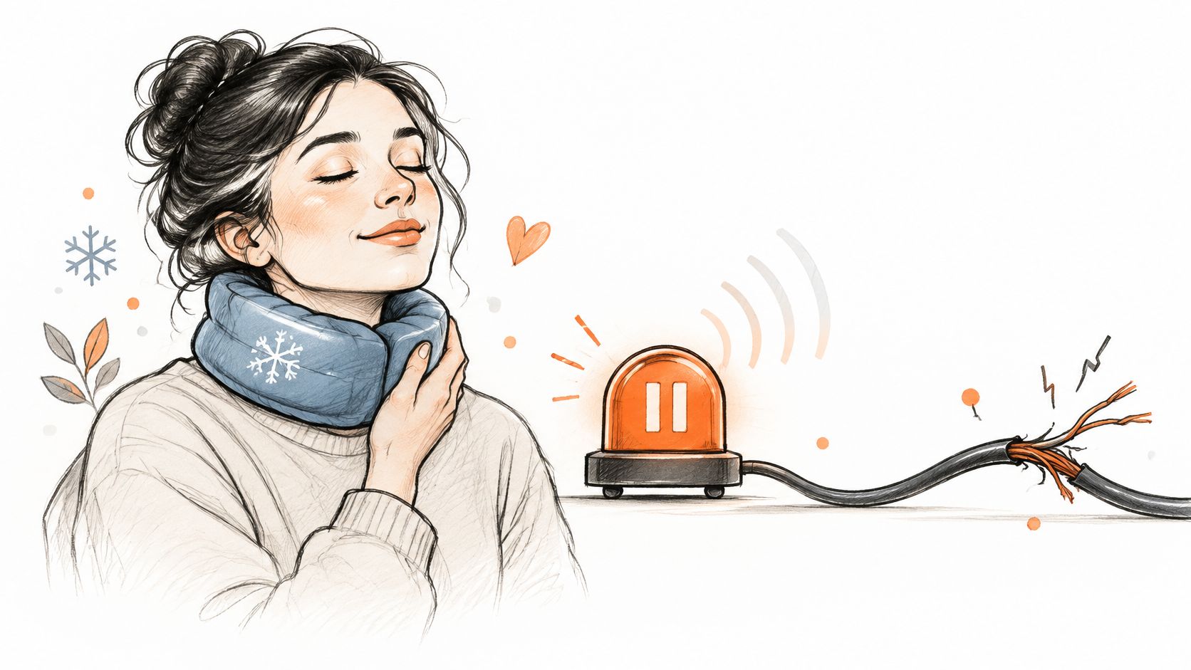 A girl wearing a blue neck cold pack wrap, feeling relaxed while a broken alarm cable lies nearby.