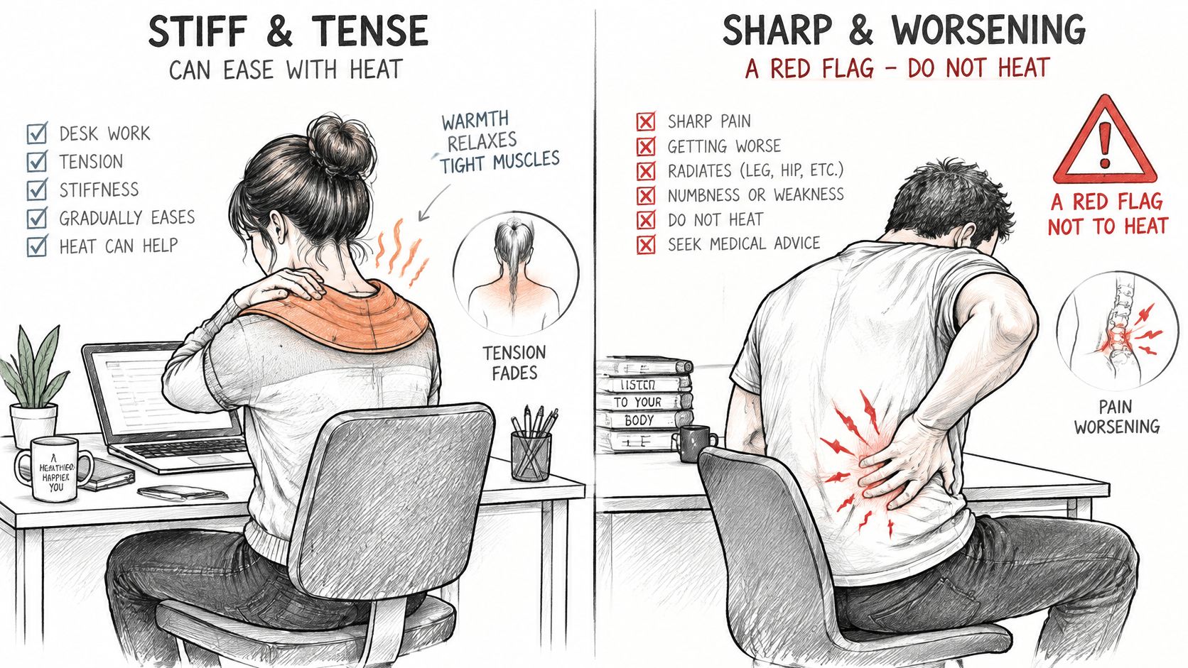 An infographic comparing stiff muscle tension treated with heat versus sharp, worsening back pain requiring medical attention.