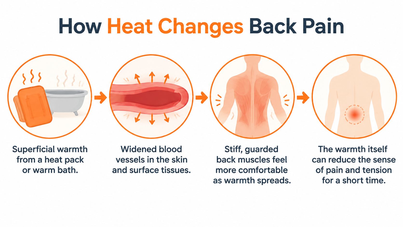 An infographic showing the four-step process of how applying heat can help relieve back pain symptoms.